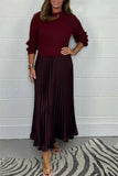 Pbong  Autumn Winter Elegant Patchwork Knitted Sweater Long Dresses Office Ladies O Neck Long Sleeve Mid Waist Pleated Knitting Dresses