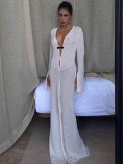 Summer Beach Holiday Knitted Maxi Dress Outfits for Women Party Club Long Sleeve See Through Dresses Hollow Out