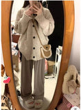 Slouchy Knit Cardigan for Women Rib-knit Pockets Front High Neck Button Up Sweater Jacket Coat Female Autumn Winter Basic Outfit