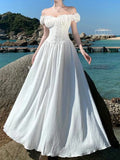 Fashion New Women Elegant White Dress Off Shoulder A-Line Party Prom Dresses Female Solid Chic Birthday Clothes
