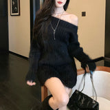 Fuzzy Knit Sweater for Women Soft Fluffy Boat Neck Tunic Tops Fitted Rib-knit Plain Jumper Female Autumn Winter Basic Outfit