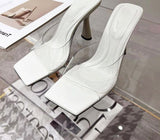 Summer New Fashion Design PVC Transparent Women Slipper Fashion Square Toe High Heel Ladies Dress Party Mules Slides