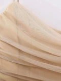 Women Fashion Printed Tulle Draped Midi Dress Sexy Straight Neck Thin Straps Female Dresses Vestidos Mujer
