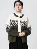 Women O Neck Retro Print Cardigan Sweaters Casual Lazy Wind Long Sleeve Knitted Short Coat Fall Winter Vintage Harajuku Lady Top