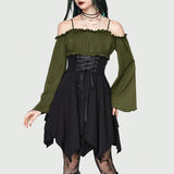Women's Dresses Autumn Halloween Contrast Color Asymmetrical Hem Flounce Trim Lace Up Long Sleeve Off Shoulder Mini Dre