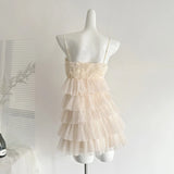 Pbong   Handmade Rose Bow Tie Spaghetti Strap Dress Women Tierred Mini Dress Evening Party Short Dress Vestidos Mujer Summer Trendy
