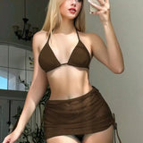 3 Pieces Solid Swimsuit Women Triangle String Bikini Sexy Swimwear Female With Drawstring Skirt Bathing Swimming Swim Suit