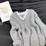 Lazy American Vintage High Street Patchwork Lace V Neck Sweaters Y2k Aesthetic Knitted Long Sleeve Clothing Harajuku Pullovers
