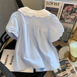 Cute Casual Blue Shirt Women Sweet Peter Pan Collar Korean Blouse Summer Puffy Sleeve Female Vintage Slim All Match Tops