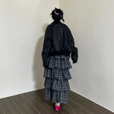 Vintage Ruffle Plaid Skirt Women Elegant Sweet Long Skirts Japanese Style Streetwear Fashion Patchwork Layered Skirt