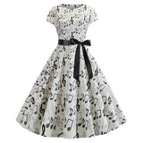 Retro Women's round Neck Printed Dress with Sleeve Ribbon Large Swing Black Silk Vintage Style Cleanfit mid Waist Cotton Dress
