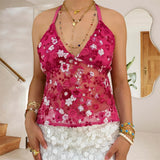 Pbong  Women Flower Sequined Tank Top Halter V Neck Backless Tie-up Camisole Fashion Sexy Club Vest Summer