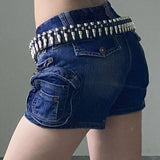 Pbong  Motorcycle Style 3D Pockets Ultrashort Jeans Women Sexy Low-Waisted Tight Denim Shorts Woman Streetwear Trendy Y2K Jean Shorts