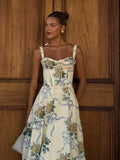 Women Fashion Print Wrap Chest High Waist Dress Elegant Square Neck Backless Lace-up A-line Dresses Summer New Vocation Vestidos