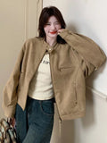Women Faux Suede Y2K Jacket Streetwear Loose Long Sleeve Vintage Coat American Casual Harajuku Retro Stand Collar Fall Tops
