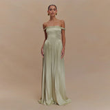 Elegant Stain Off Shoulder Long Dresses Women Retro Solid Waist-cinching Large Hem Evening Dress Lady Chic Party Beach Holiday