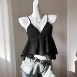 Pbong  Casual Euramerican Beach Style Lazy Tank Tops Harajuku Y2k Sweet Exquisite Lace Hollow Out Tees Pleated Punk Spice Girl Clothes