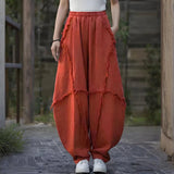 Pbong  Raw Edge Patchwork Harem Pants Elastic High Waist Linen Fabric Wide Leg With Pockets Summer Fashion Retro Lady Pants