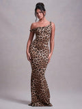 Leopard Print Incline Shoulder Sexy Maxi Dress Women Fashion Irregular Sleeveless Backless Club Party Long Dress