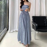 Vintage Plaid Dress Women Summer Korean Elegant Tube Top All-Match Midi Dress Y2K Folds Off Shoulder Holiday Beach Vestidos