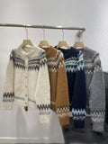 Fair Isle Sweater Cardigan Women Long Sleeve Button-Up Crewneck Knitted Jacket Cardi Female Knitwear Fall Winter Vintage Outfit