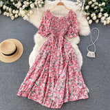 Pbong  Women Fashion Printed Elastic Waist Split A-line Long Dress Vintage Puff Sleeve Chic Lady Dress Summer Beach Outfits