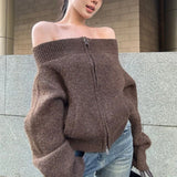 Women's Off-the-Shoulder Sweater Cardigan Zip Up Knitted Off Shoulder Sweater Jacket Teen-girl Fall Winter Y2K Outfit