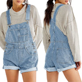 Pbong  Women's Y2K Vintage Retro Denim Bib Overalls Adjustable Straps Pocket Romper Shorts Casual Rolled Cuff Shortalls