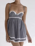 Pbong  Sexy Plaid Spliced Embroidery Lace Bra Corset style Mini Dress Women Bow Lacing up Backless Party Skater Sling Robe Holiday