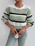 autumn and winter hot sale new acrylic loose drop shoulder round neck color matching knitted long sleeve ladies sweater