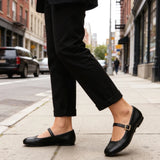 Pbong  Designer Brand Black Ballet Flats Women Fashion Metal Belt Buckle Mary Jane Shoes Elegant Light Shallow Casual Shoes