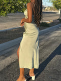 Green Backless Sexy Long Dress For Summer 2025 New High Waist Slit Square Collar Slip Dress Fashion Solid Satin Party Dress