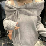 Korean Style Coquette Knitwear Pullovers Women Sweet Slash Neck Long Sleeve Sweaters Autumn Winter 2000s Grey Jumper