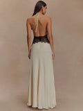 Summer Backless Sexy Maxi Dress Women Gown Patchwork Lace Halter Deep V Neck Sleeveless High Waist Elegant Long Dress
