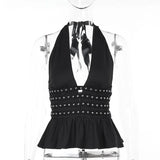 Pbong  Euramerican Sexy Halter Deep V Neck Tank Tops Heavy Hot Diamond Design Temperament Women Camisole Spicy Backless French Tops