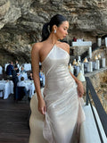Elegant Sequin Ruffle Evening Dresses Women Retro Glitter Sleeveless Slim Halter Long Dress Lady Chic Street Party Holiday
