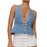 Pbong  Women's Y2K Summer Halter Neck Crop Tops Bow Tie-up Sleeveless Deep V-Neck Backless Solid Color Denim Flare Vest