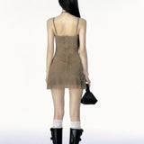 Summer French Harajuku Sling Short Dress Y2k Aesthetic All Match Bow Print Women Cloth French Slim Mesh Zip Up Dresses