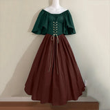 Pbong  Halloween Costumes for Women Medieval Retro Contrasting Color Slim Swing Dress One-word Shoulder Dress Love Live Cosplay