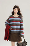 Korean Sweet Striped Sweater Women Sexy V Neck Vintage Knitted Jumper Casual Long Sleeve Female Lazy Wind Pullover Tops New