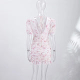 Pbong   Sexy Print Pleated Patchwork Women Dress V-neck Backless Lace Up Button Short Puff Sleeve Female Dresses Summer Lady Robe