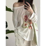 Elegant Off Shoulder T Shirt Women Korean Style Transparent Long Sleeve Tees Y2k Thin Loose Vintage Streetwear Tops