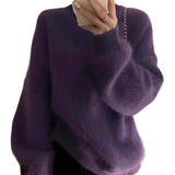 Pbong  Soft Grape Purple Mink Sweater Women's Autumn Winter Inner Wear Lazy Style European Fashion Sensation Rabbit Fur Knitted Top