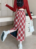 Faux Woolen Plaid Long Skirt Women Vintage Slim High Waist Back Slit Belt Skirts Korean Fall Winter Elegant Long Skirts New
