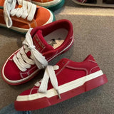 Pbong  Women Vintage Red Canvas Low-top jogging Sneakers Casual Letter Embroidery Skateboard Shoes Students Flat outdoor trainers
