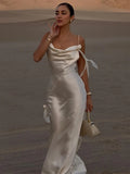 Sexy Slim Fit Satin Lace-up Halter Dress Women Elegant Backless Beach Long Dress Spring New Lady Vacation Party Maxi Gown