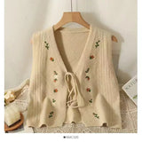 Embroidery Floral Tie Front Sweater Vest for Women Bow Tie Front Sleeveless Knit Cardigan Jacket Teen-girl Fairycore Cute Outfit