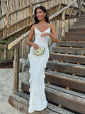Elegant 3d Flower Sling Maxi Dress Women Deep V-neck Sleeveless Beach Dresses Summer New White Lady Chic High Street Robes