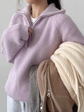 Quarter Zip Sweater Pullover Women Chunky Knit Polo Collar Oversize Jumper Sweater Jacket Teen-girl Autumn Winter Casual Outfit