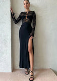 Patchwork Sexy See Through Lace Women Maxi Dress Hollow Out High Slit Evening Dress Female Skinny Elegant Party Clubwear